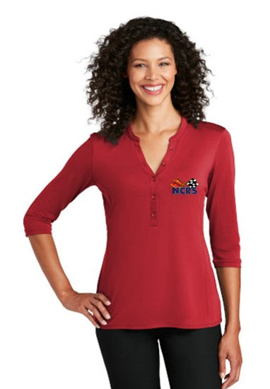 Ladies' Red 3/4 Sleeve Henley - Smilemakers  McDonald's approved vendor  for branded merchandise